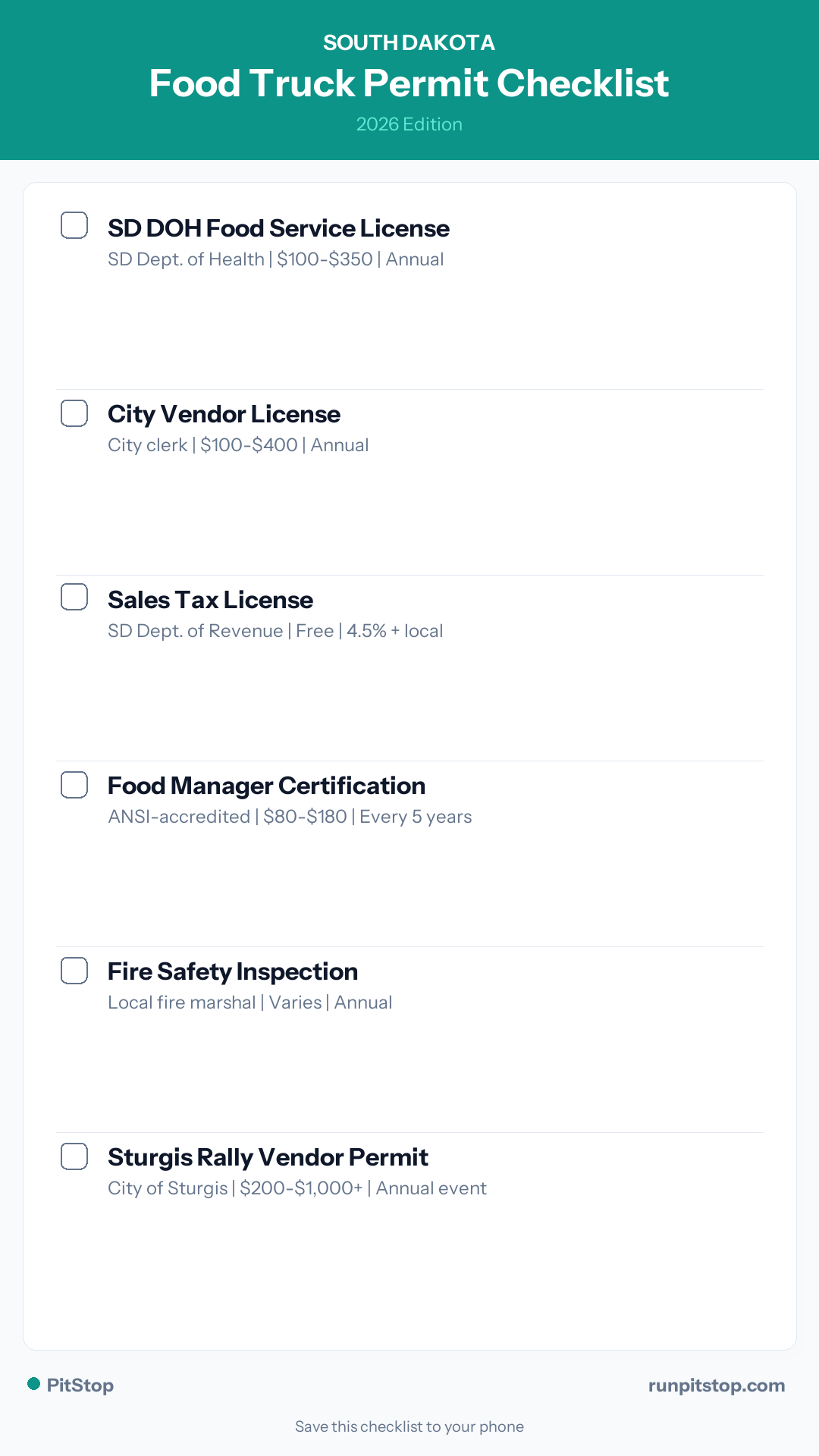 South Dakota Food Truck Permit Checklist — 2026
