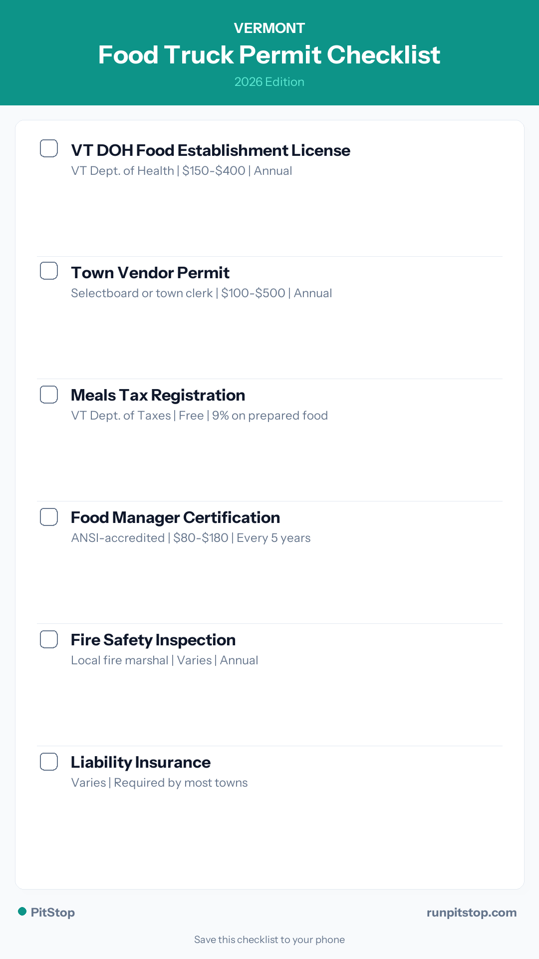 Vermont Food Truck Permit Checklist — 2026